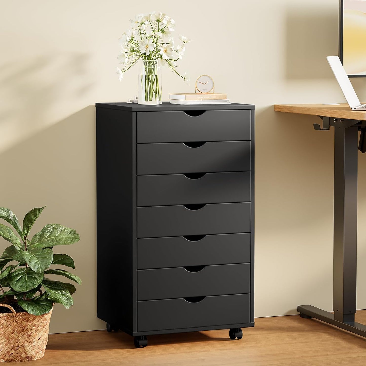 Sweetcrispy 7 Drawer Chest Mobile Storage Cabinets Wooden Dresser with Wheels Room Organization Furniture for Office Home, Black Wood