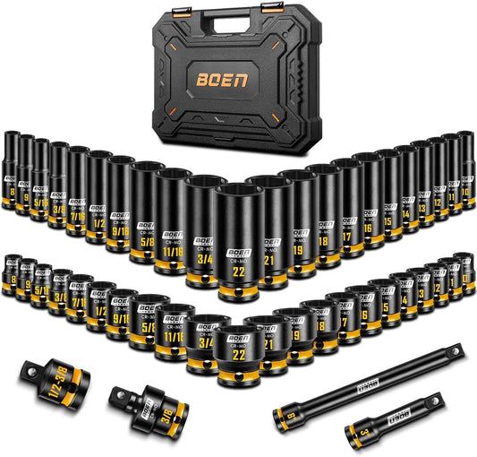 boen 3/8" Drive Impact Socket Set, 48-Piece Metric & SAE Size (8-22mm & 5/16"-3/4"), 6-Point Deep & Shallow Socket Set with Extension Bars, Adapter and Universal Joint, CR-MO Steel