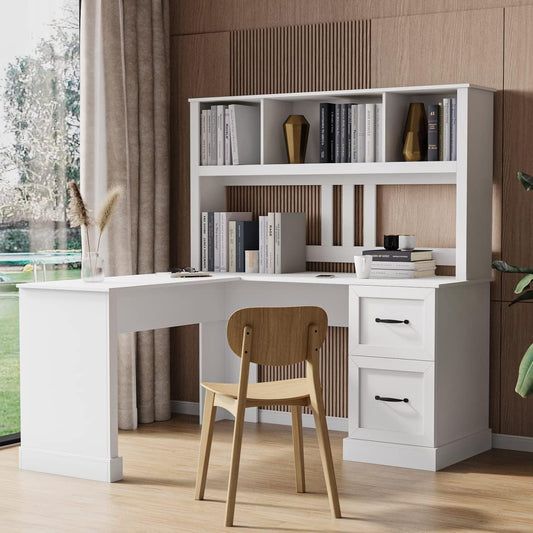 Bellemave L Shaped Computer Desk with Hutch, Home Office Desk with Drawers and Bookshelf, Corner Desk, Study Table Writing Desk with Storage, Easy Assemble, Antiqued White
