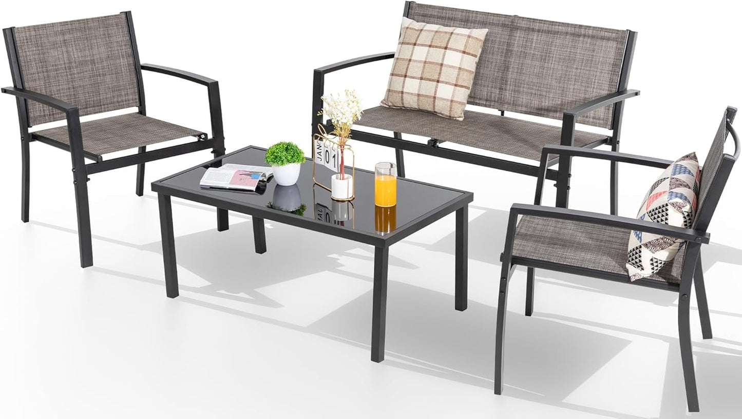 Shintenchi 4 Pieces Patio Furniture Set All Weather Textile Fabric Outdoor Conversation Set, with Glass Coffee Table, Loveseat, 2 Single Chairs for Home, Garden, Lawn, Porch(Silver)