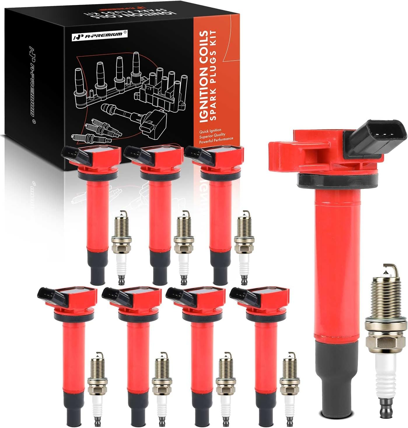 A-Premium Set of 8 Ignition Coil Pack and Iridium Spark Plugs Compatible with Toyota Tundra 2000-2009, 4Runner 2003-2009 & Lexus GS430 2001-2007, V8 4.3L 4.7L