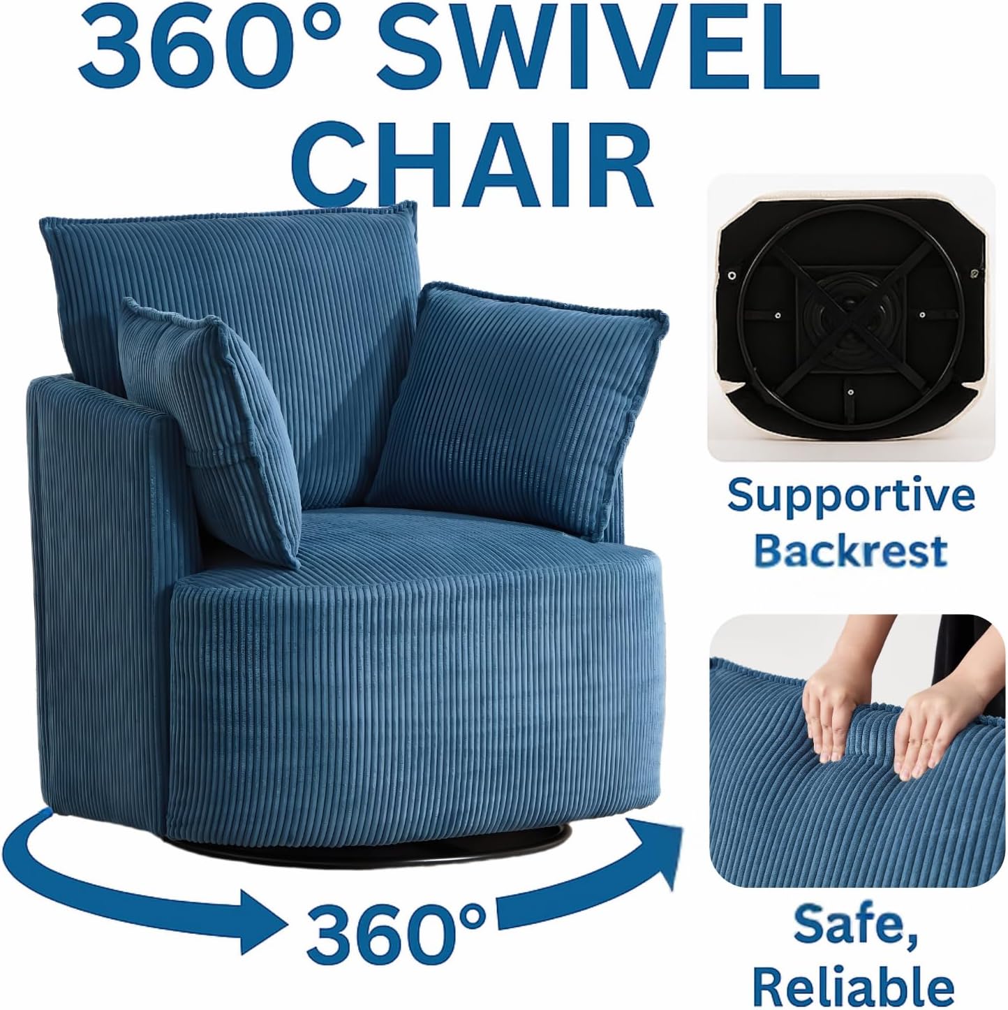 Swivel Accent Chair – Round Swivel Chair for Living Room, Corduroy Barrel Sofa Chair, 360° Rotating Lounge Chair, Easy Assembly(Blue)