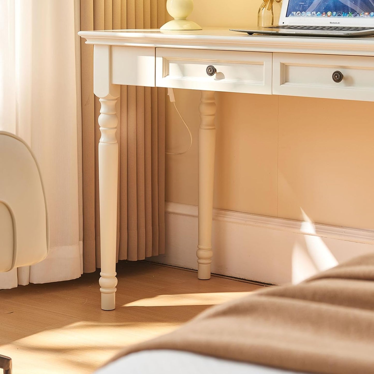 ADORZ White Desk with Drawers, 47 Inch Home Office Desks Solid Wood Writing Desk for Home Office, Study Workspace or Bedroom