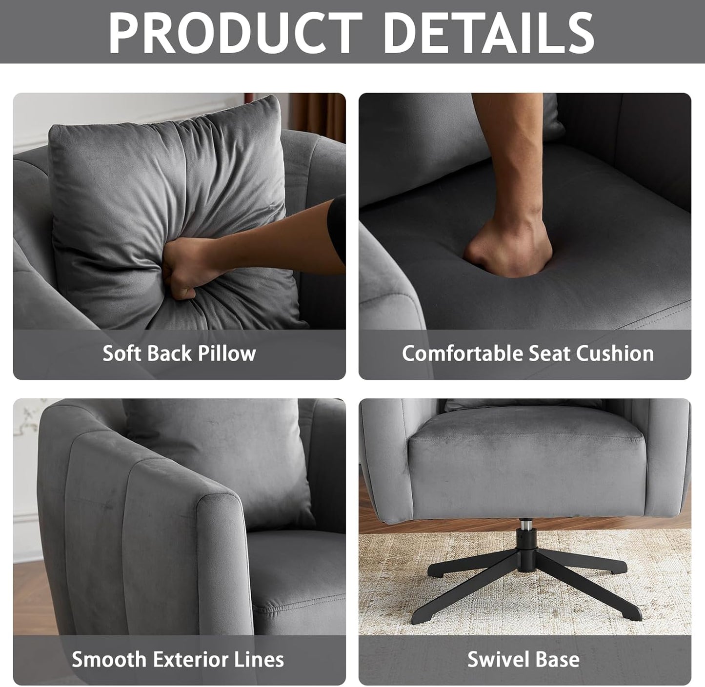 360°Swivel Accent Chair Set of 2, Modern Velvet Fabric Living Room Armchair,Reading Chair with Comfy Upholstered Fluffy Cushions & Metal Legs, Barrel Chairs for Bedroom/Lounge/Office,Grey