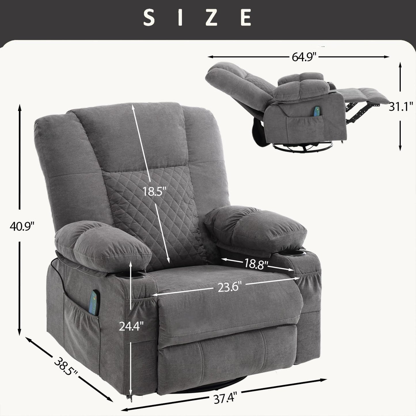 Swivel Rocker Recliner Chair for Adults with Vibration Massage, Overstuffed Soft Fabric Recliner with Lumbar Heat, Modern Manual Rocking Recliner with Cup Holders, for Living Room, Home Theater, Grey