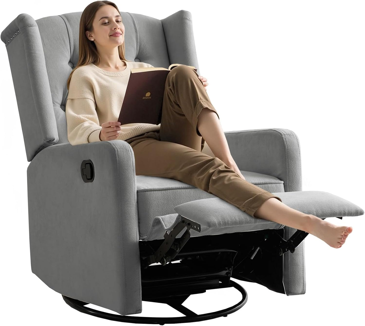 ABAKAN Swivel Rocker Recliner Chair, 360 Degree Nursery Rocking Recliner, Linen Glider Chair with Button Tufted Wingback Chair, for Living Room, Bedroom,Ash Beige