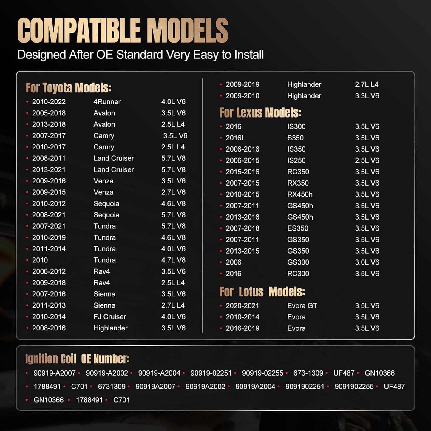 Set of 6 UF487 Ignition Coil Pack Compatible with Toyota Avalon Highlander Camry Sienna Rav4 Venza 4Runner ES350 IS350 RX350 RX450h GS350 ES300h 2.5L L4 3.5L V6 Replaces C1601 90919-A2007