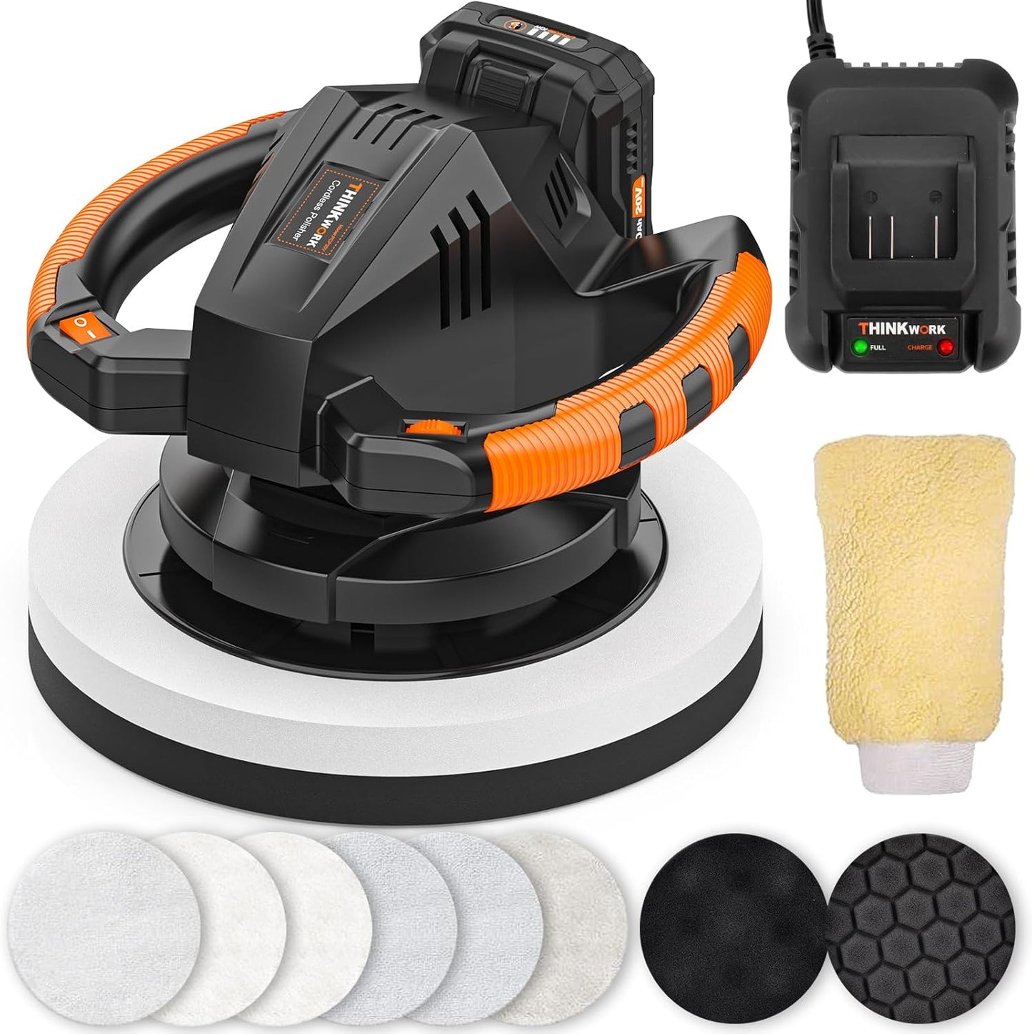 THINKWORK Buffer Polisher, 20V Cordless Buffer Polisher, 10 Inch Portable Polishing Machine Kit for Car, 2Pcs 2Ah Rechargeable Battery, 6 Variable Speed 1500-3600RPM,Double handle,Ideal for Car Waxing