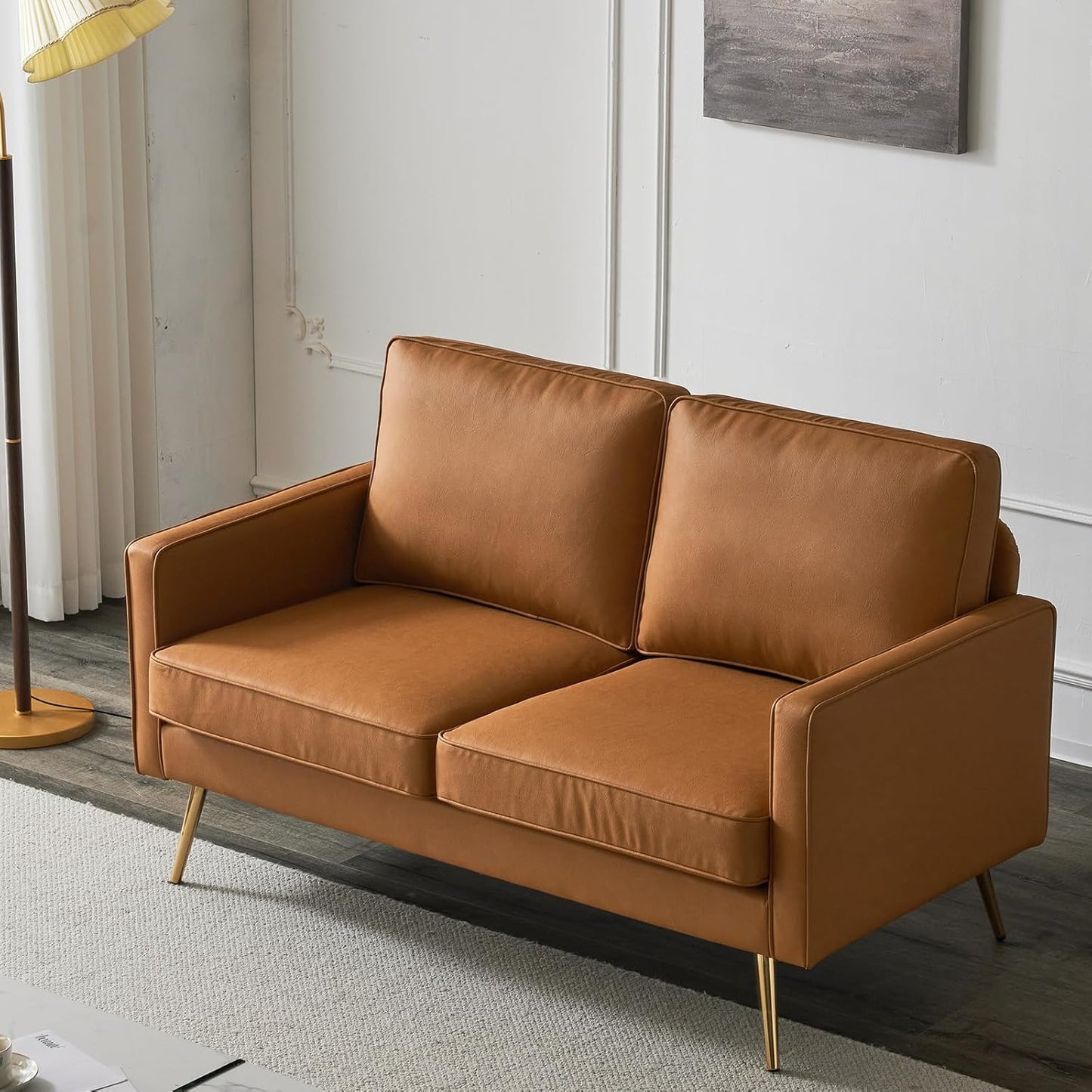 Bonnlo Modern Accent Chair, PU Leather Comfy Arm Chair Reading Chair with Golden Metal Legs and Deep Seat for Living Room Bedroom (Cognac, 56.7''W)