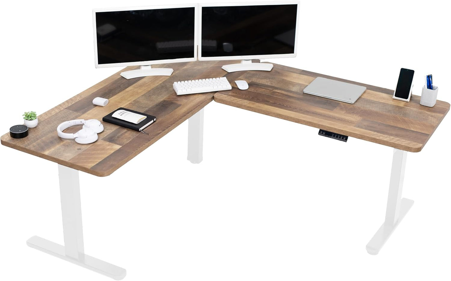 VIVO Electric Height Adjustable 83 x 60 inch Corner Stand Up Desk, 2 Light Wood Solid Table Tops, White Frame, Memory Controller, L-Shaped Workstation, 3E Series, DESK-KIT-3E8C