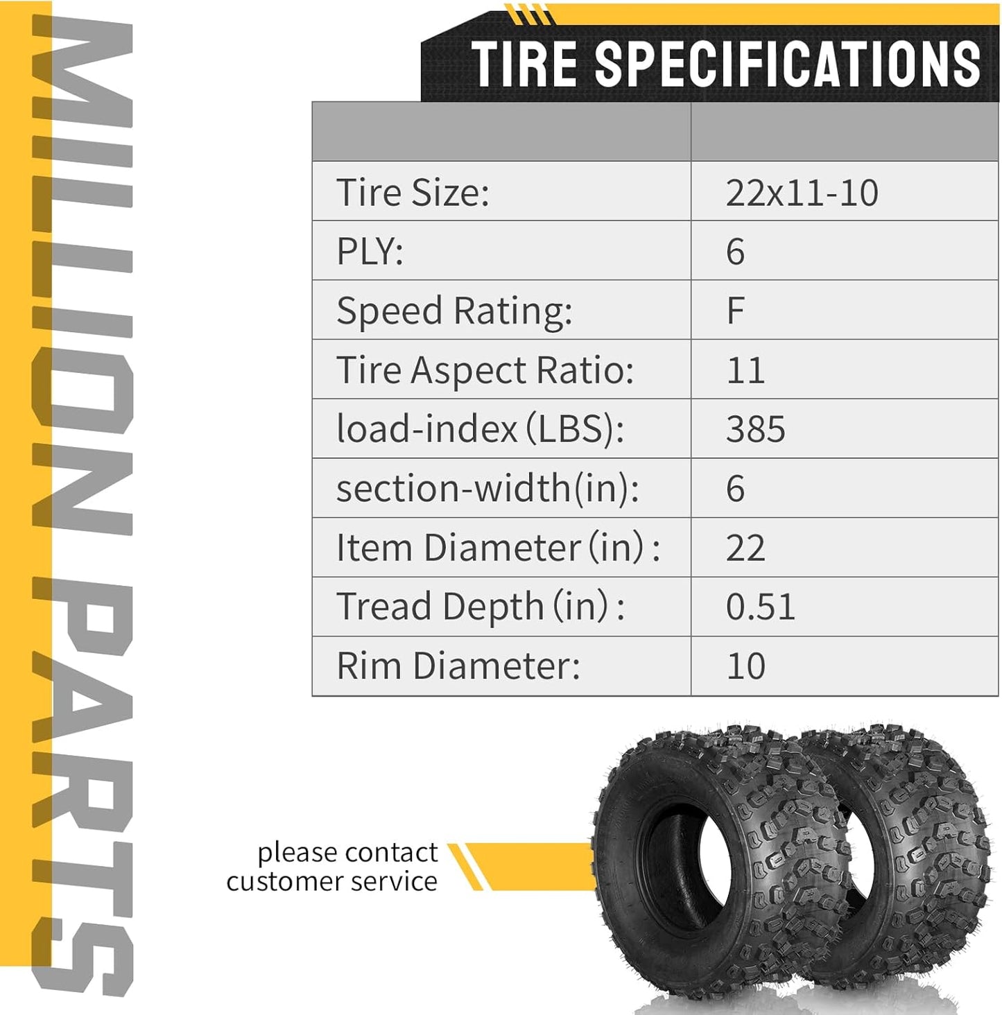 AutoForever 22x11-10 ATV UTV Sport All Terrain Tubeless Tires 22x11x10 6PR Pack of 2