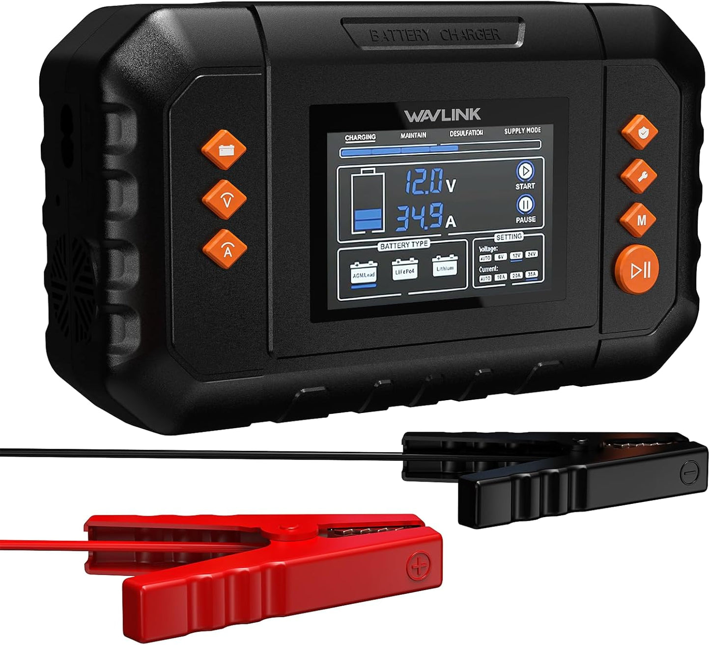 WAVLINK Smart Battery Charger, 20-Amp, Car Battery Charger with LCD Display, for 6V/12V/24V Lead-Acid/Lithium/LiFePO4 Batteries, Trickle Battery Maintainer and Desulfurizer for Car, Boat, Motorcycles