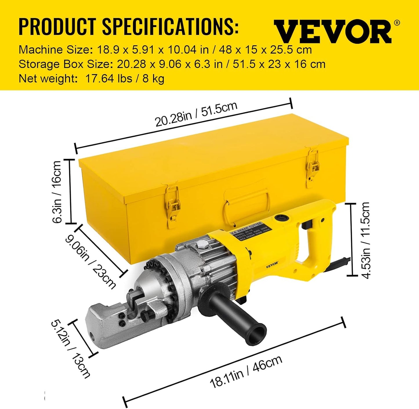VEVOR Electric Rebar Cutter, 900W Portable Electric Hydraulic Rebar Cutter, Cutting up to 5/8 Inch #5 4-16mm Rebar within 3 Seconds,110V,with Easy to Carry Stainless Box