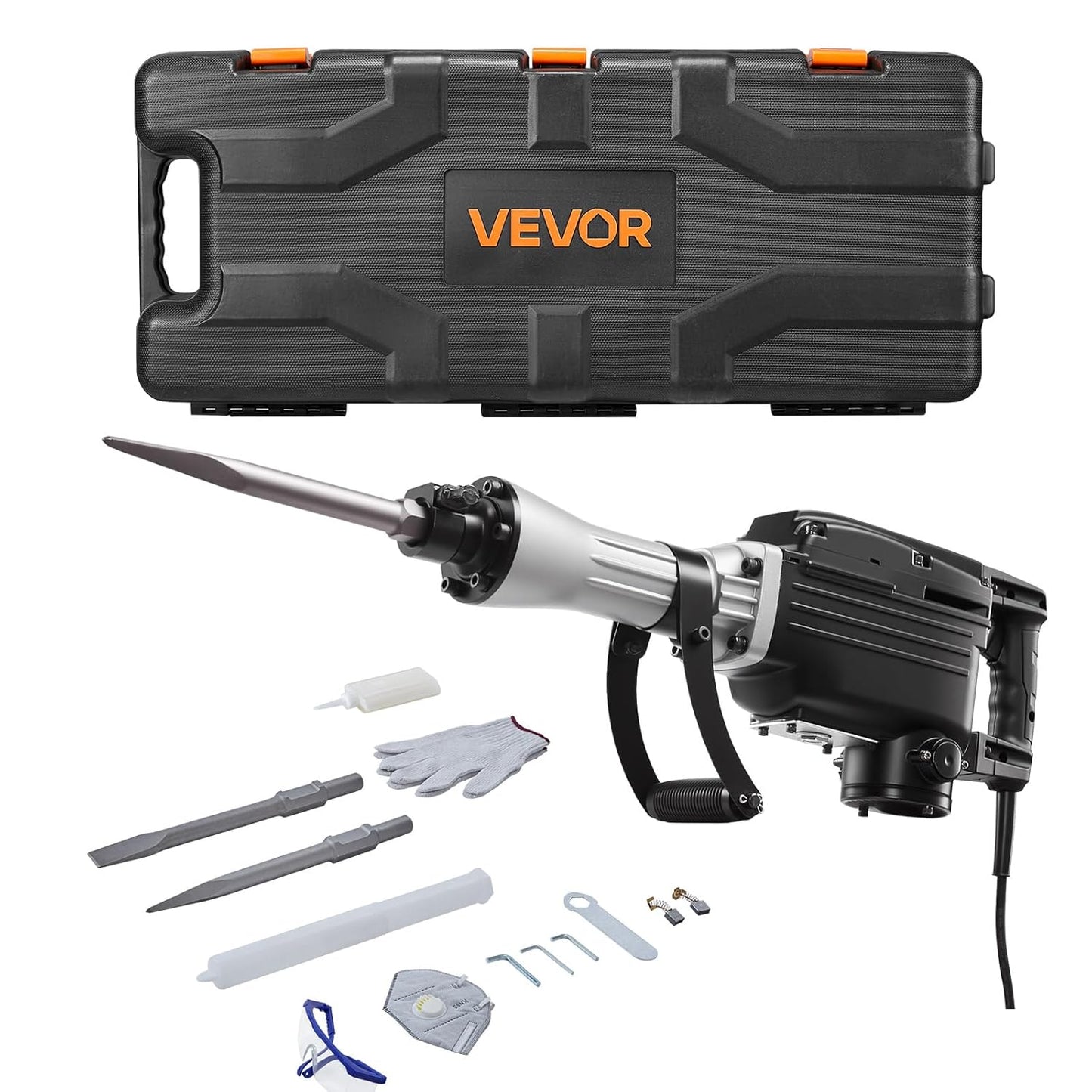 VEVOR Demolition Jack Hammer, 1350 BPM Concrete Breaker 6pcs Chisels Bit Chipping with Case, 2200W Electric Jackhammer Heavy Duty, Black