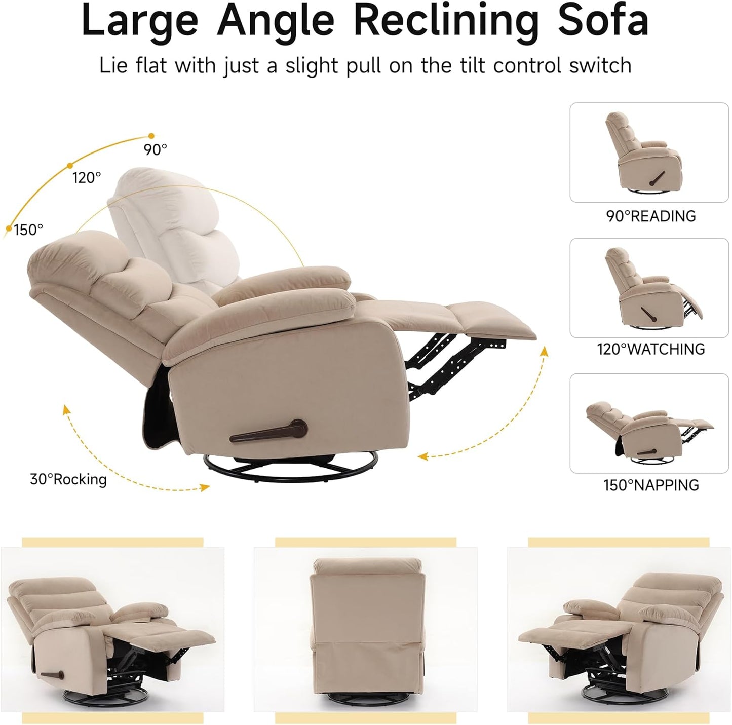 Swivel Rocker Recliner Chair for Adults, Rocking Chair Recliner for Nursery, Small Recliners for Small Spaces, Living Room, RV, Beige