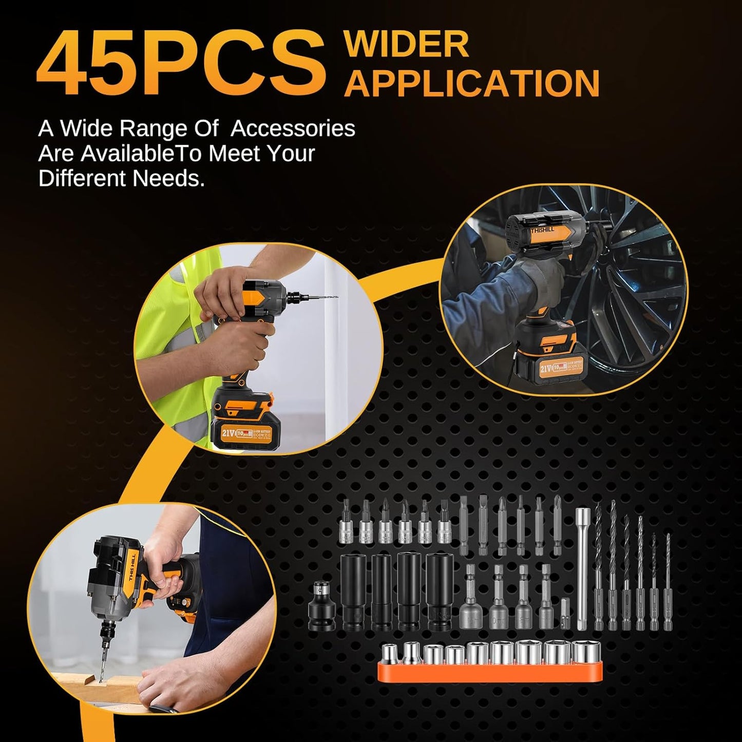 This Hill 45PCS Cordless Impact Wrench,600Nm(443Ft-lbs),1/2 Inch Brushless lmpact Driver Set,w/Two 4.0Ah Battery,17 Sockets,High Torque Power Impact Gun for Car Home