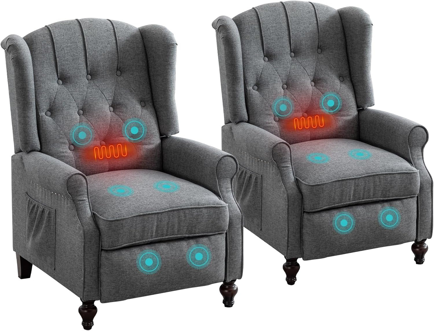 Wingback Recliner Chair Set of 2 with Massage and Heat, Push Back Accent Armchair with Adjustable Backrest, Nailhead Trim, Upholstered Fabric Chair for Living Room, Small Spaces(Light Gray)