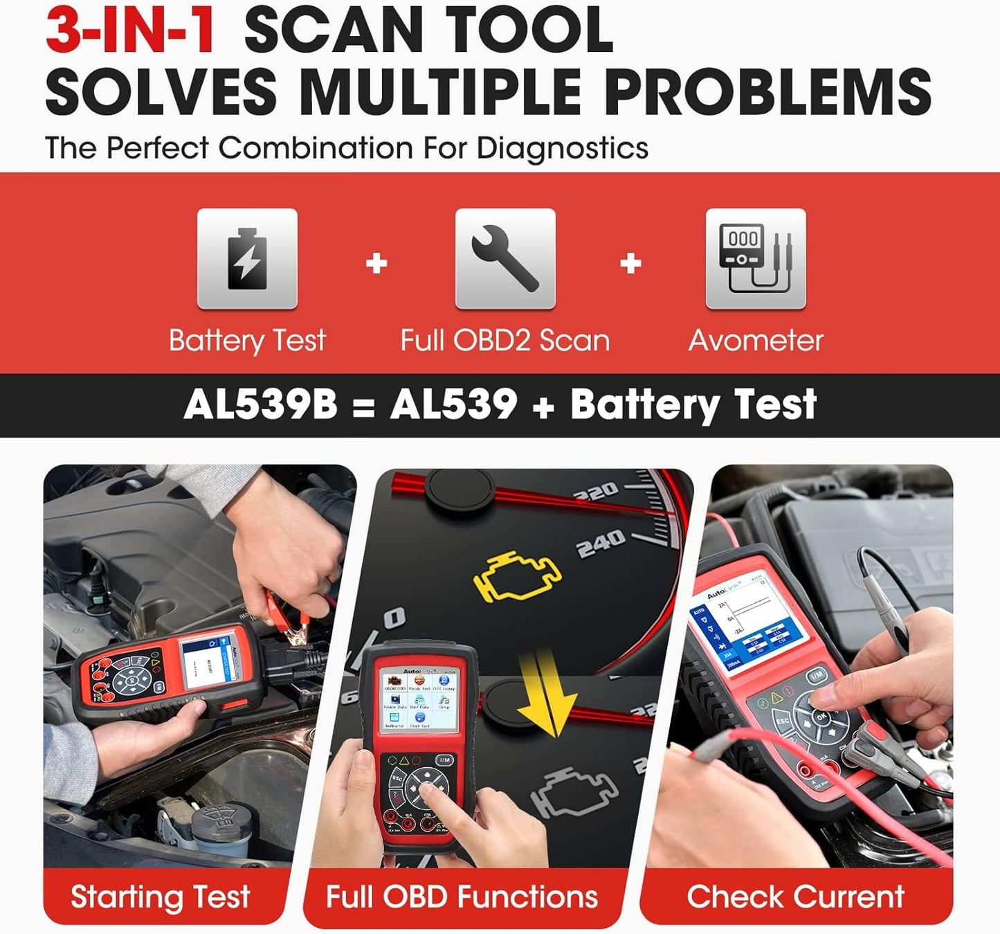 Autel AL539B OBD2 Scanner, 3-in-1 Code Reader Battery Tester Avometer for 12 Volts Batteries, Full OBDII Diagnosis and Circuit Starting & Charging Systems Test, All Enhanced Ver. of AL519 AL539