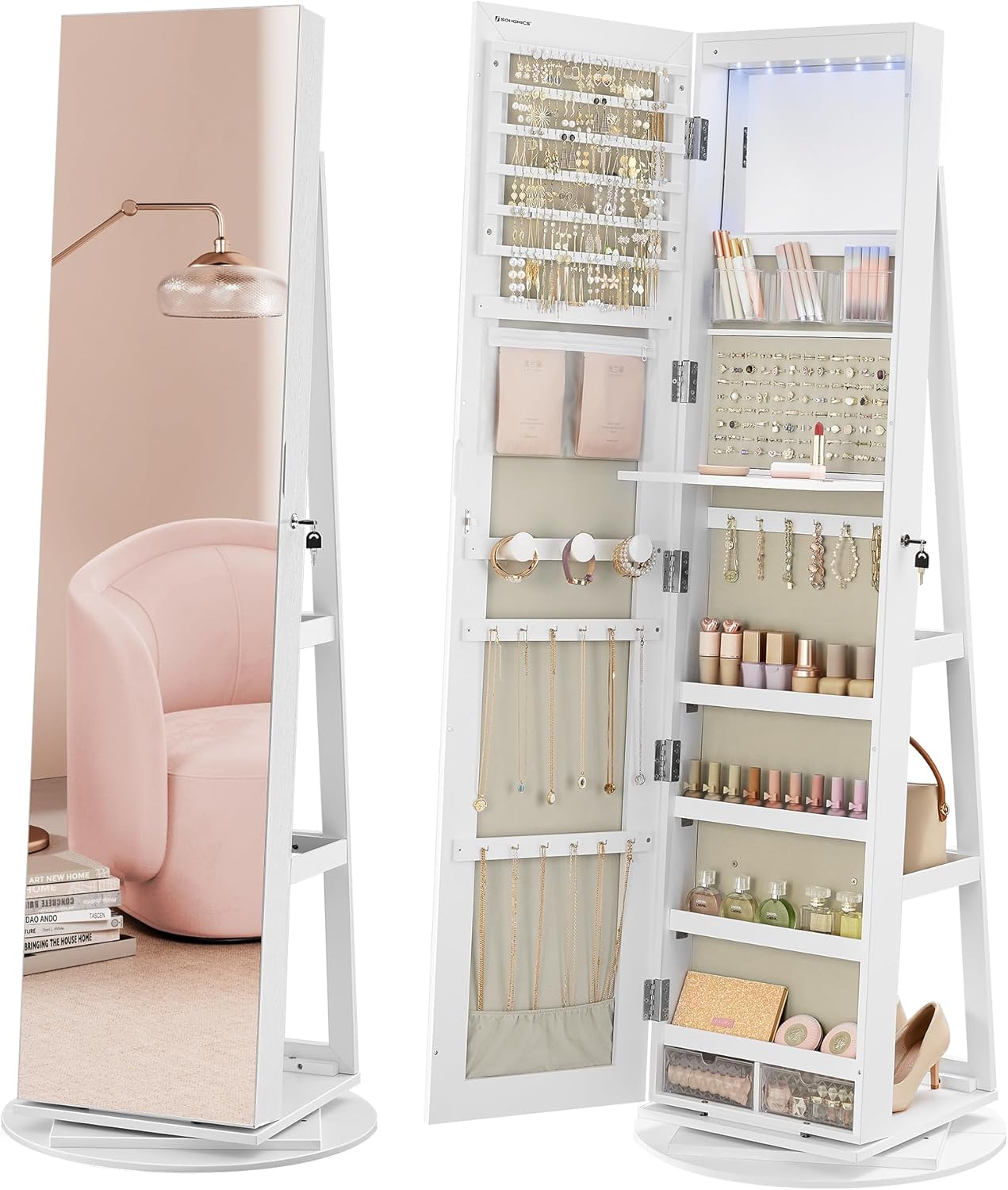SONGMICS 6 LEDs Lockable Mirror Jewelry Cabinet, 360° Swivel Jewelry Organizer Armoire Standing, Frameless Full-Length Mirror, 3 Storage Shelves, White Surface, Black Lining UJJC007W01