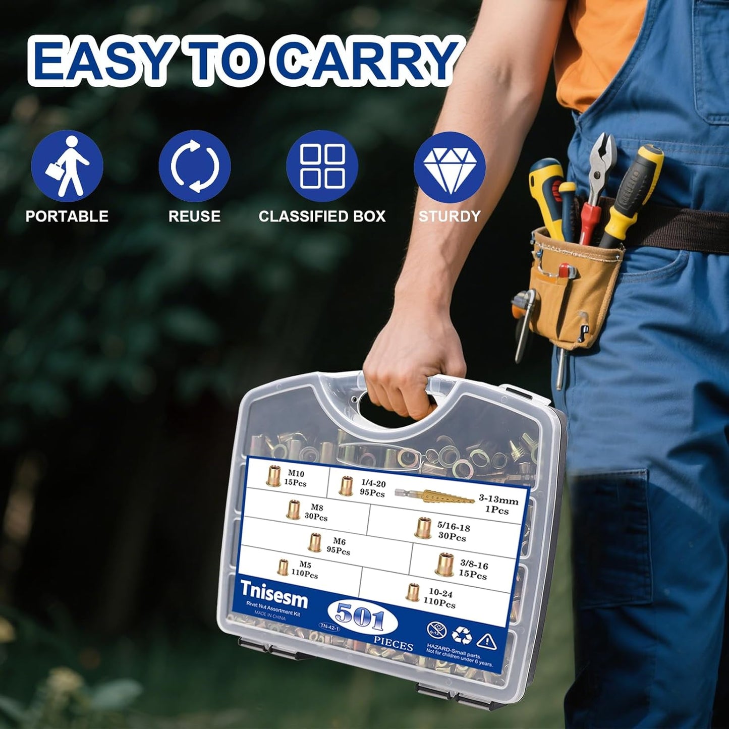 Tnisesm Rivet Nut Tool Kit with 501Pcs Rivet Nuts(10-24,1/4-20, 5/16-18, 3/8-16, M5, M6, M8, M10) 8Pcs Metric & SAE Mandrels, Step Drill Bit and Rugged Carrying Case Nutsert Tool Kit