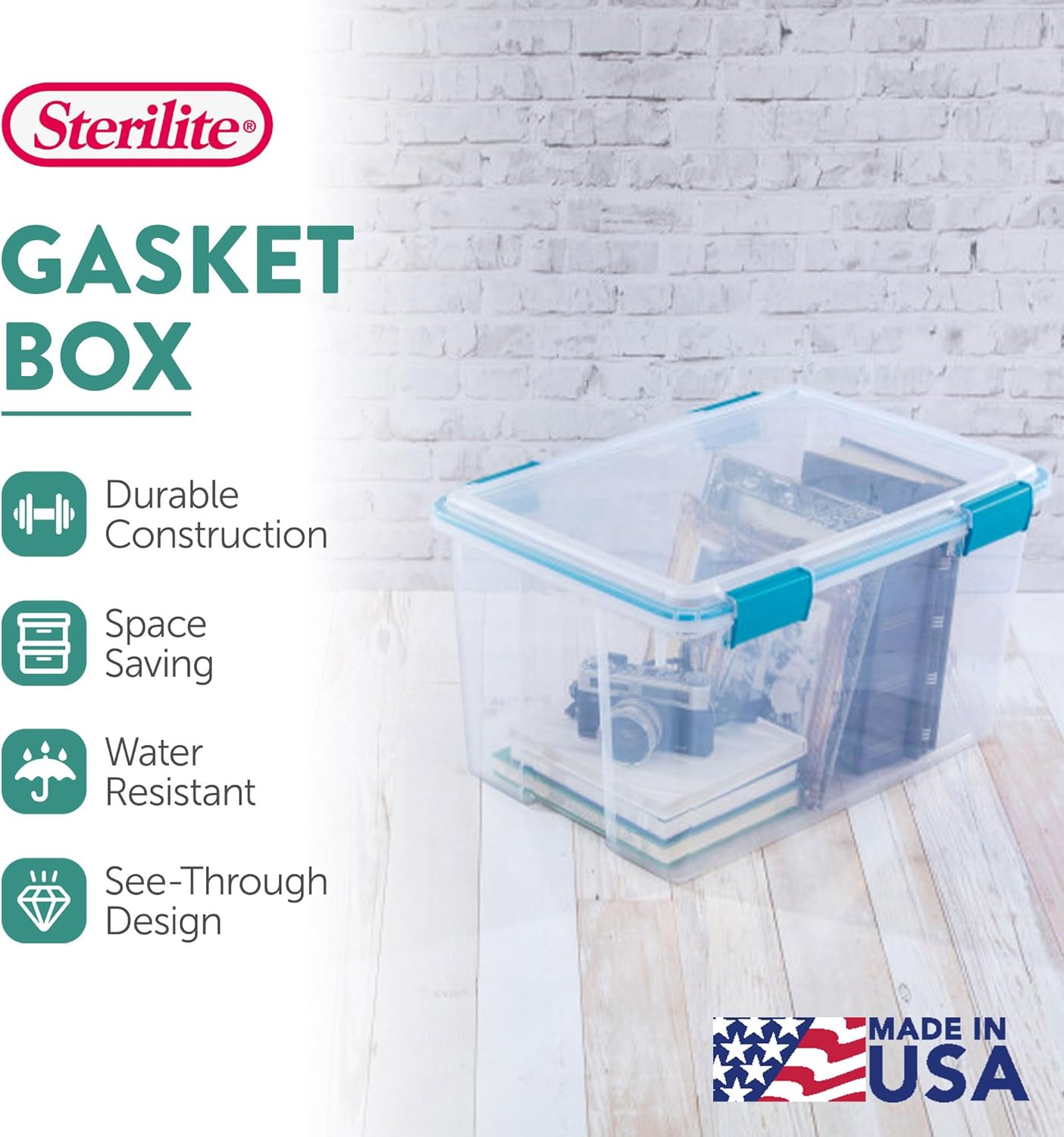 Sterilite 12-Pack Gasket Box, Weather-Resistant Storage Bins with Latching Lids, 54 Quart - Heavy-Duty Organizing Containers for Closet, Bathroom, and Office