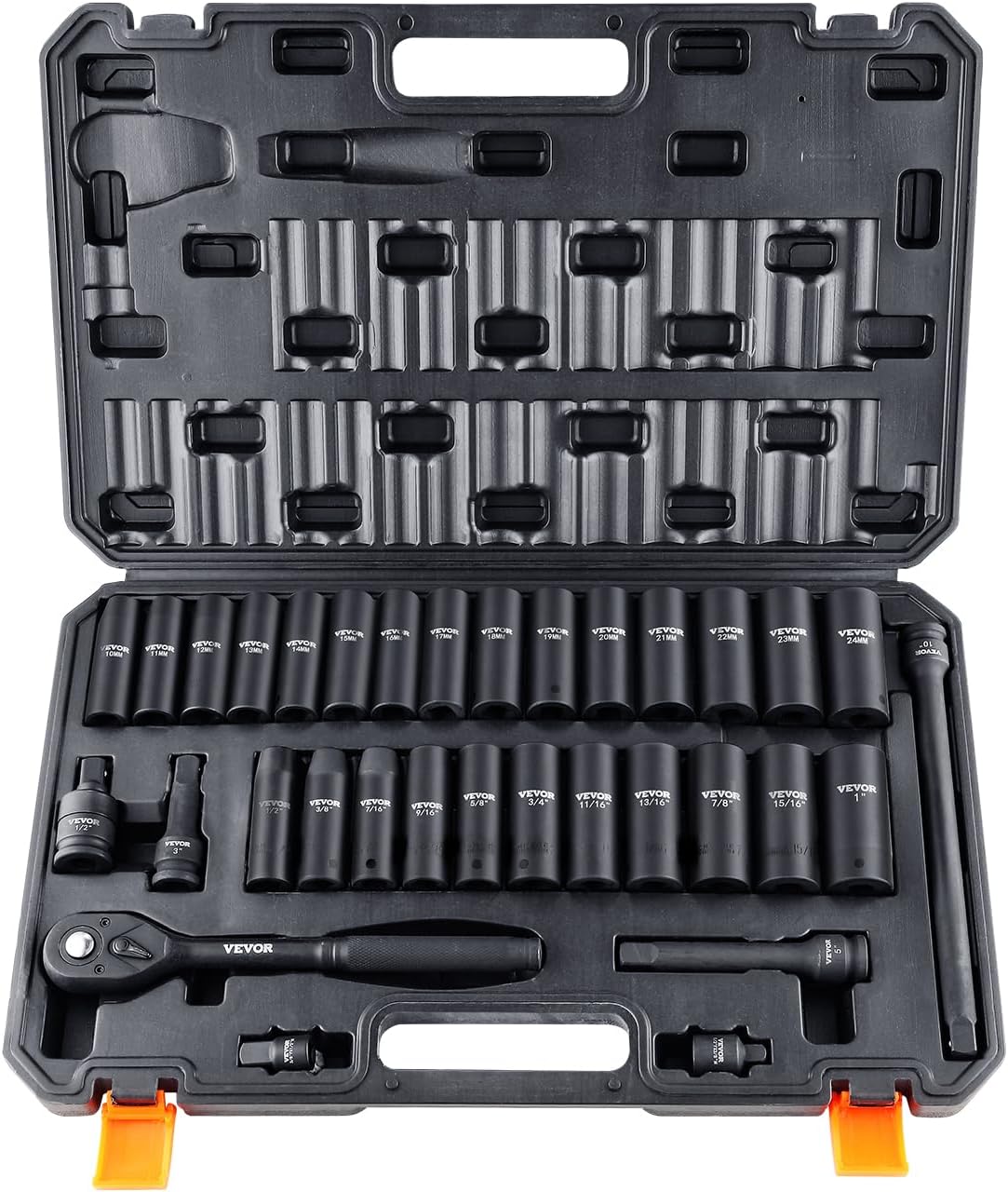 VEVOR Impact Socket Set 3/4 Inches 29 Piece Impact Sockets, 6-Point Sockets, Rugged Construction, CR-M0, 3/4 Inches Drive Socket Set Impact SAE 3/4 inch - 2-1/2 inch, with a Storage Cage