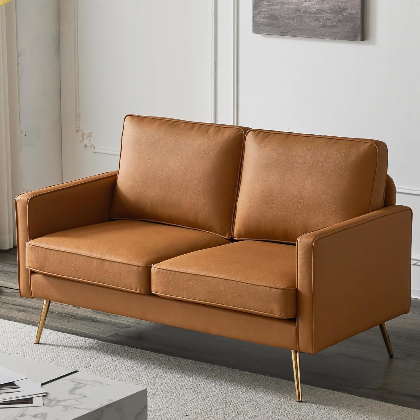 Bonnlo Modern Accent Chair, PU Leather Comfy Arm Chair Reading Chair with Golden Metal Legs and Deep Seat for Living Room Bedroom (Cognac, 56.7''W)