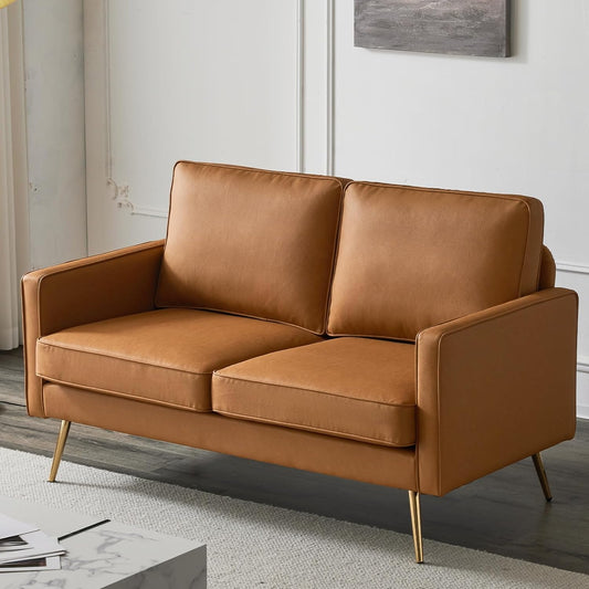 Bonnlo Modern Accent Chair, PU Leather Comfy Arm Chair Reading Chair with Golden Metal Legs and Deep Seat for Living Room Bedroom (Cognac, 56.7''W)