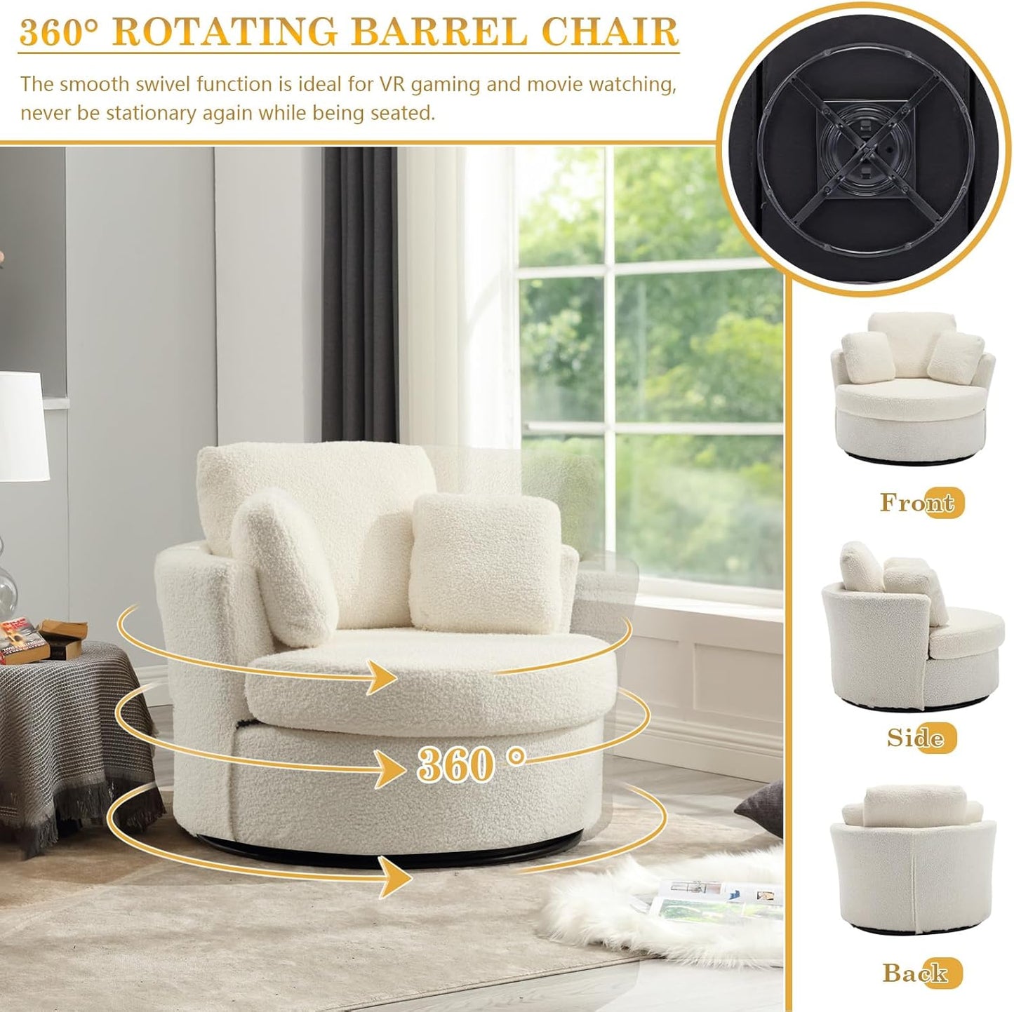Swivel Barrel Chair Set of 2, Modern Fabric Oversized 360 Degree Club Accent Arm Chairs, Single Round Living Room Sofa Chair w/ 3 Pillows for Nursery, Bedroom, Reading, Office, Ivory
