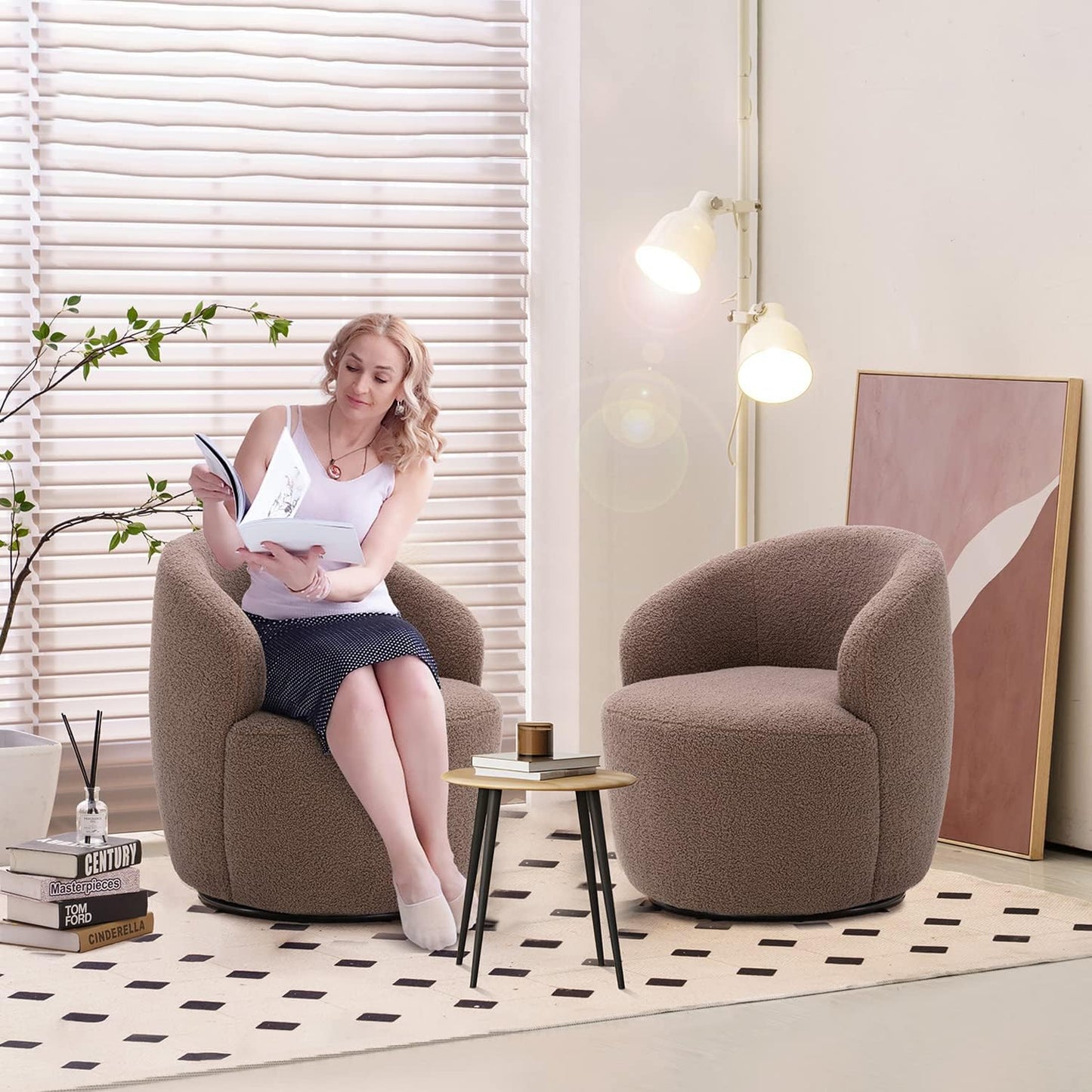 Antetek 2 Units Swivel Chair, Round Accent Sofa Chair, Club 360 Degree Swivel Barrel Chair, Modern Teddy Farbic Leisure Arm Chair for Nursery, Living Room, Hotel, Bedroom, Office, Lounge, Ivory