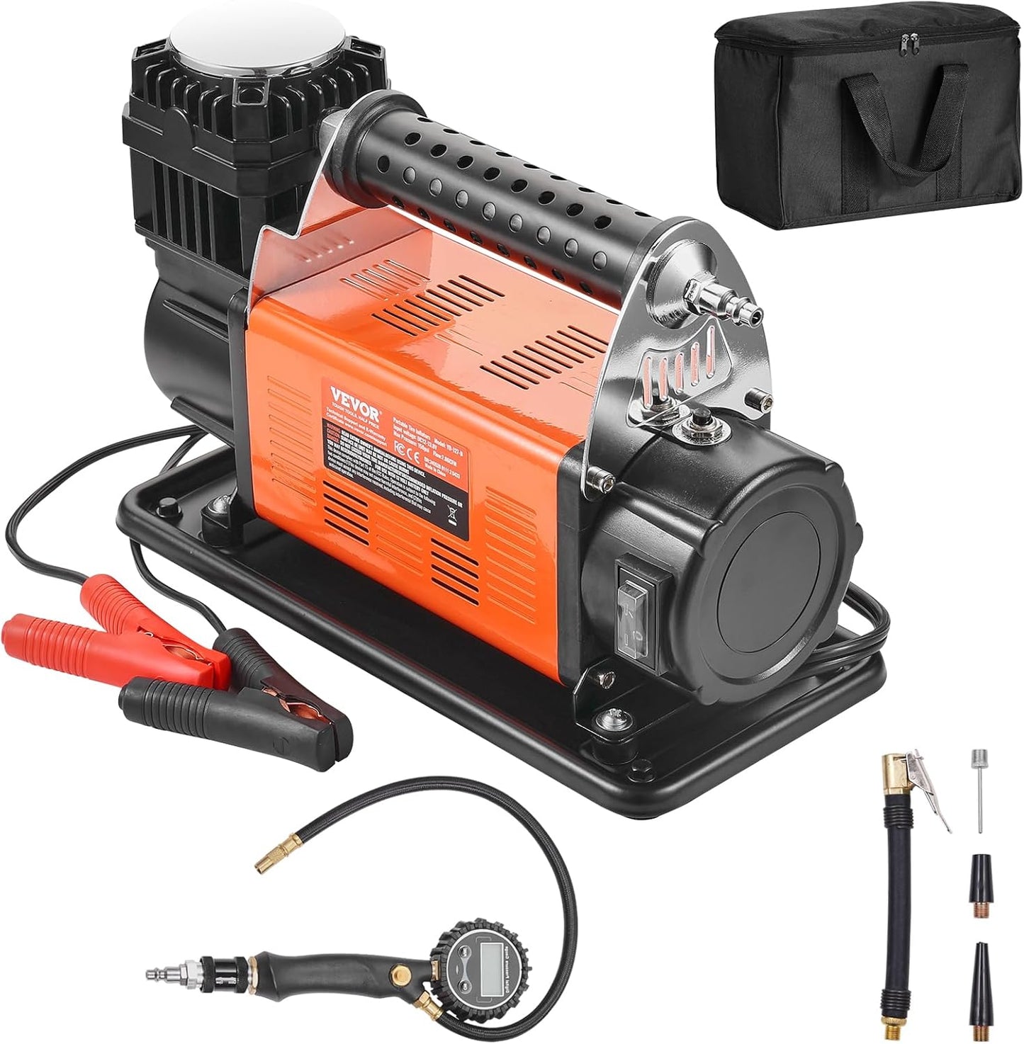 VEVOR 12V Portable Tire Inflator, 7.06CFM Heavy Duty Air Compressor, 150PSI Offroad Air Pump with Adapters for Car SUV RV Truck - Include 6.5FT Power Cord, 26FT Air Hose with Pressure Gauge, Carry Bag