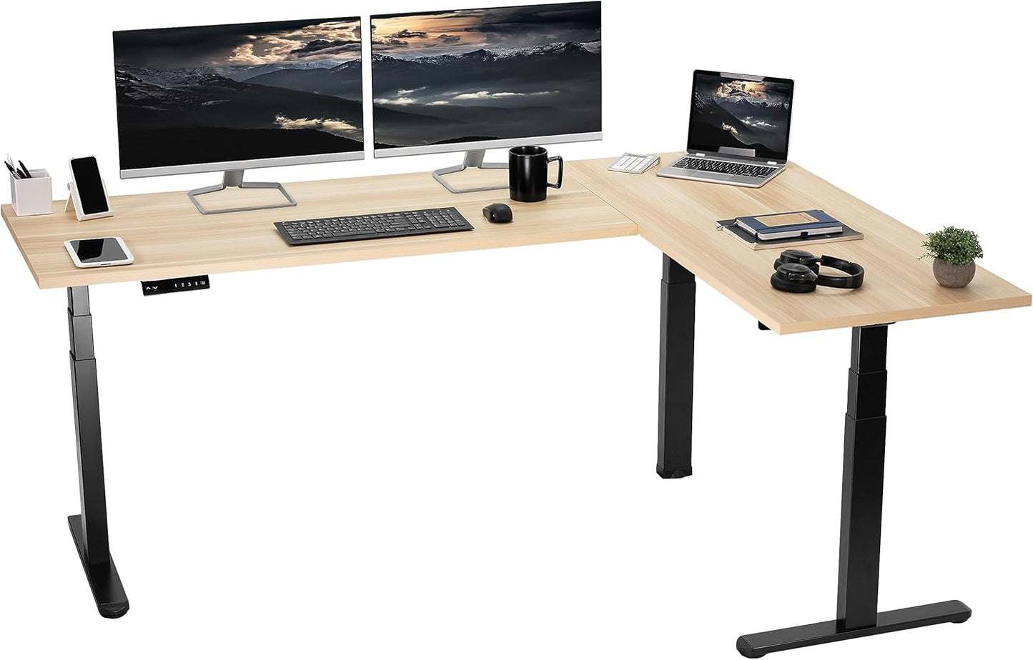 VIVO Electric Height Adjustable 83 x 60 inch Corner Stand Up Desk, 2 Light Wood Solid Table Tops, White Frame, Memory Controller, L-Shaped Workstation, 3E Series, DESK-KIT-3E8C