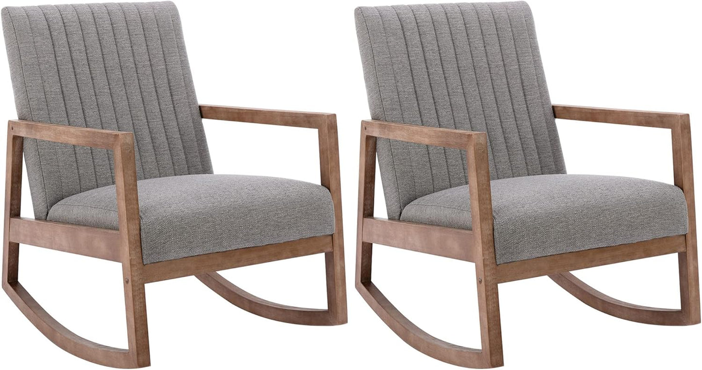 VESCASA Upholstered Linen Rocking Chairs with Channel-Tufted Back, Mid-Century Modern Comfy Rockers with Light Walnut Wood Frame for Nursery Living Room Bedroom Reading, Set of 2, Grey