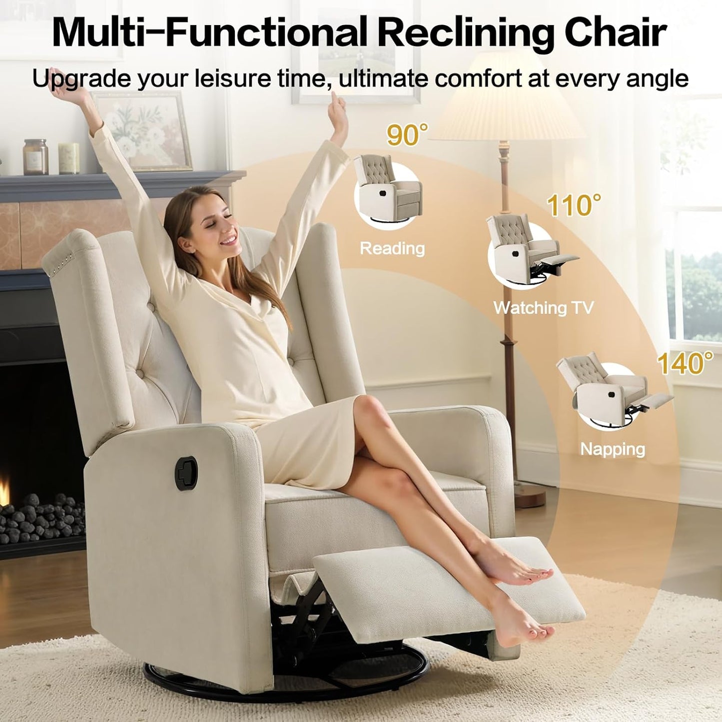 ABAKAN Swivel Rocker Recliner Chair, 360 Degree Nursery Rocking Recliner, Linen Glider Chair with Button Tufted Wingback Chair, for Living Room, Bedroom,Ash Beige