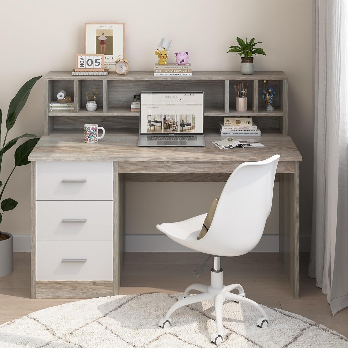46 inch Home Office Desk with 3 Storage Drawers for Small Spaces, Writing Study Table for Home Office, Computer Desk with Hutch, Walnut and White