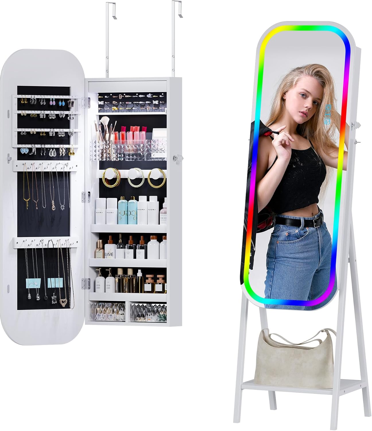 360° Swivel Jewelry Cabinet with Lights - RGB Vanity Mirror | Rotatable Full Length Mirror with Jewelry Storage, Standing Jewelry Armoire Organizer, Foldable Makeup Shelf Ideal Gift (White)
