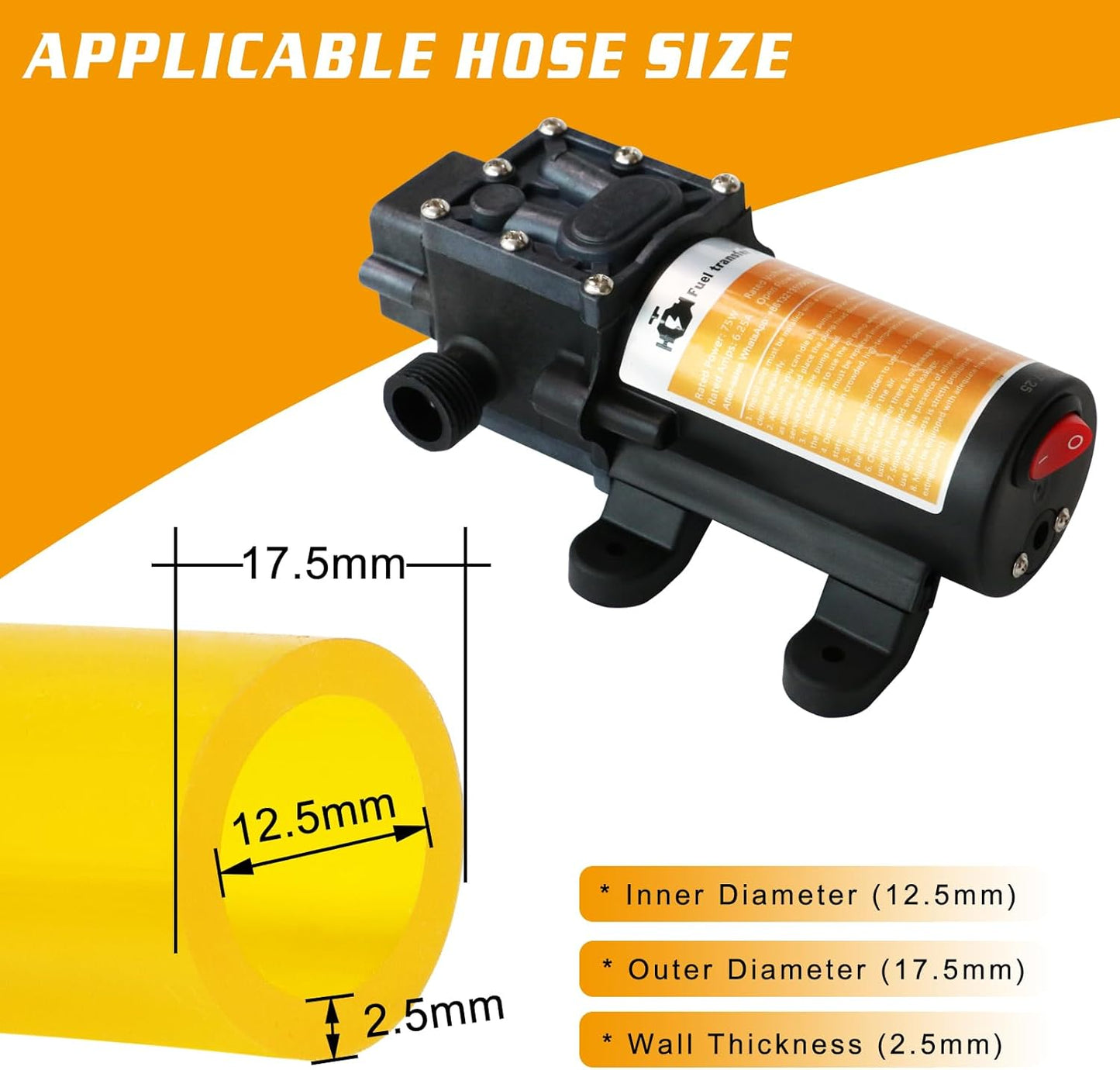 12V Fuel Transfer Pump Set,75W Gasoline Transfer Pump Moves 110 Gallons Of Gas Per Hour, with High Elastic Fuel Pipe & 2 Power Cables, Great for Vehicles, Boats, Equipment (110GPH-SET)