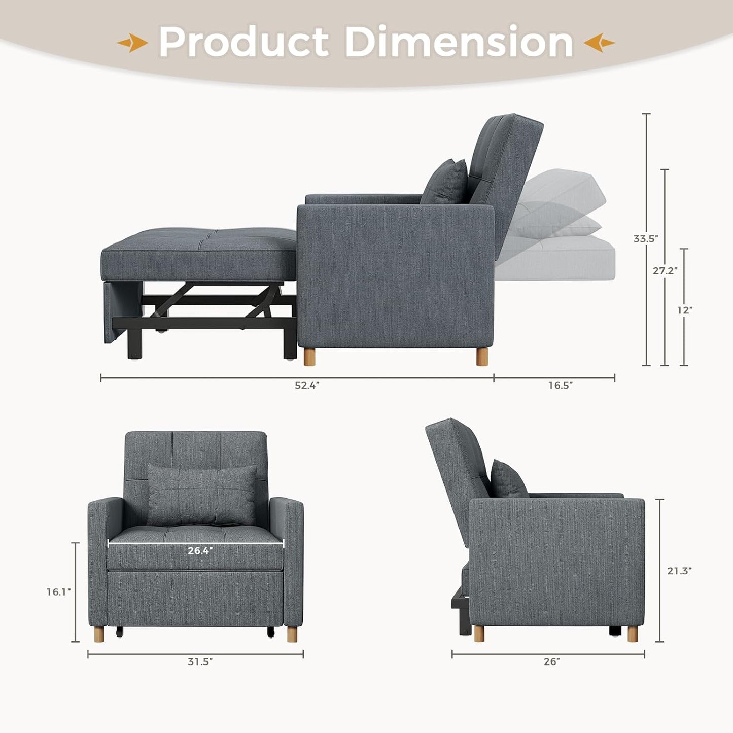 31.5" Sleeper Chair, Convertible Chair Bed for Adults, 3-in-1 Pull Out Sofa Chair with Side Pocket, Pillow and Adjustable Backrest for Small Space, RV, Apartment, Living Room, Dark Grey