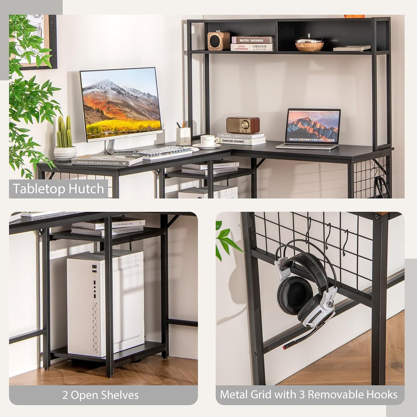 Tangkula L-Shaped Desk with Power Outlet, Large Corner Desk Converts to 2-Person Long Desk with Hutch, Computer Gaming Desk with CPU Stand & 3 Removable Hooks, for Home Office (Black)