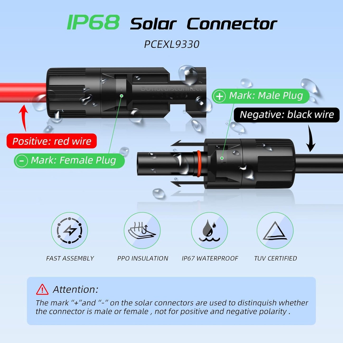 50FT 10AWG Solar Panel Extension Cable, 6mm² Solar Extension Cable Wire with Female & Male Waterproof Connectors for RV, Photovoltaic Systems, Set of 2