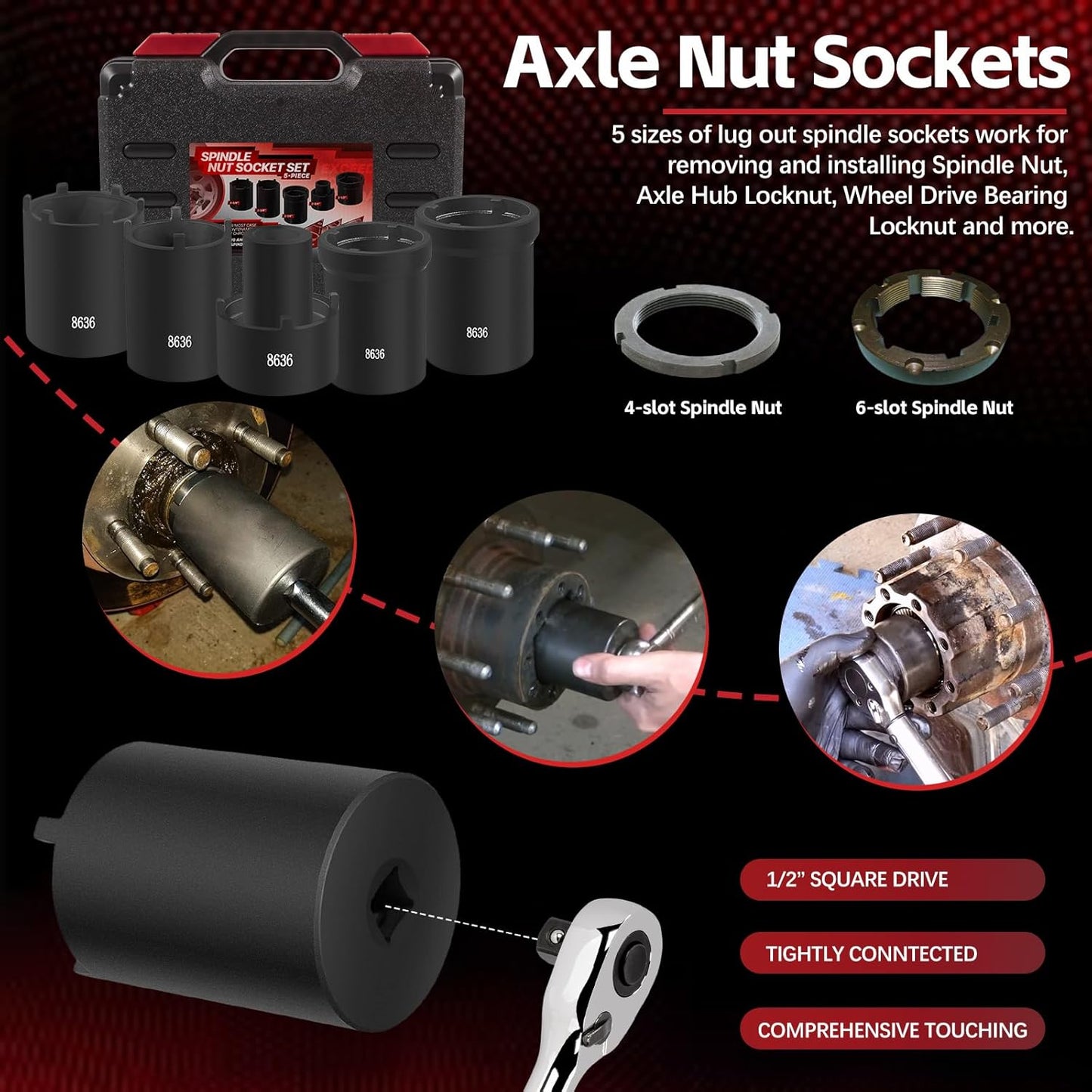 Spindle Nut Socket Tool Kit 5 Pcs Axle Hub Lock Nut Socket Set 1/2” Drive Wheel Drive Spindle Nut Remover Installer for Ford Dana 50/60, Chevy, and Dodge, Replace# 648636 Lug Out Spindle Socket Set