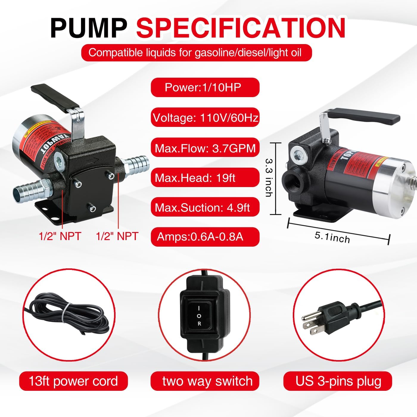 TOPWAY 110V AC Gasoline Fuel Pump 3.7GPM Self-priming Oil Transfer Pump With Handle, Reversible Pumping, Overheat Protection, Explosion-Proof, for Gasoline Fuel Diesel Kerosene Removal
