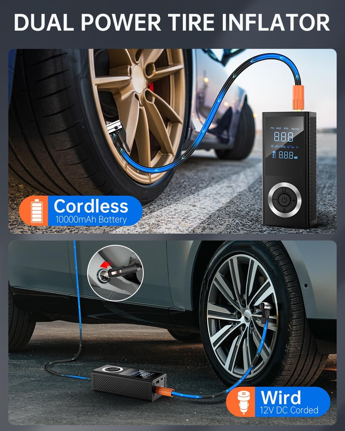 Tire Inflator Portable Air Compressor, Cordless Air Pump for Car Tires with Digital Pressure Gauge, LED Light,12V Car Power Adapter, Storage Box