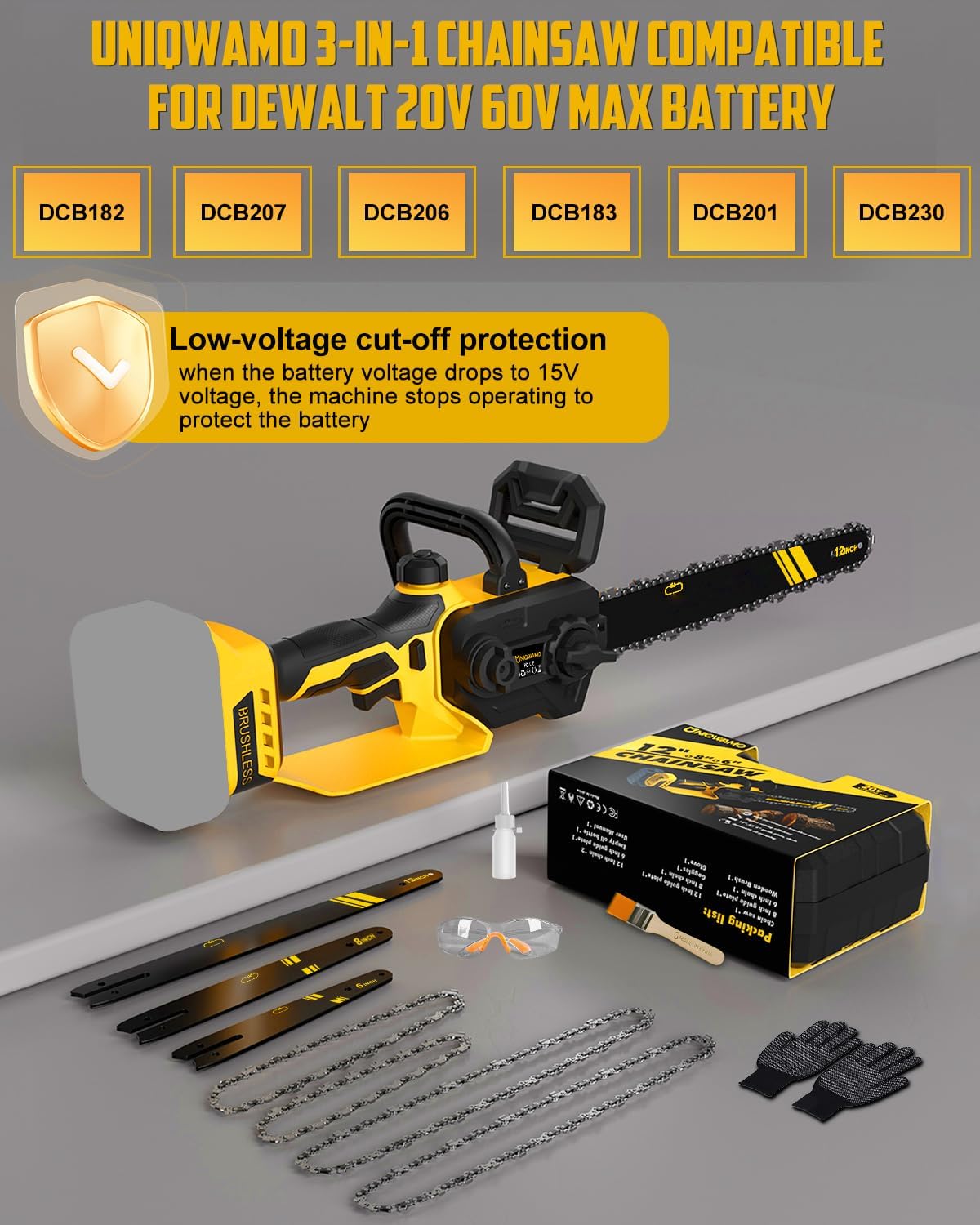 3-IN-1 Chainsaw Compatible for Dewalt 20V 60V Max Battery Chainsaw(Battery not Included),12-Inch/8-Inch/6-Inch 1000W Power Saw for DCB204, DCB206 Hand Saw for Wood Cutting