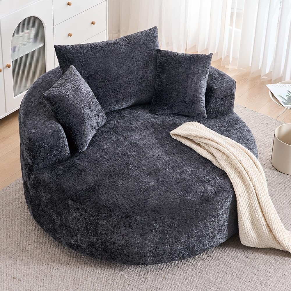 Swivel Accent Barrel Chair Oversized Modern Akili Upholstered Sofa Lounge Club Leisure Chair Round Chair for Hotel Living Room (Black)