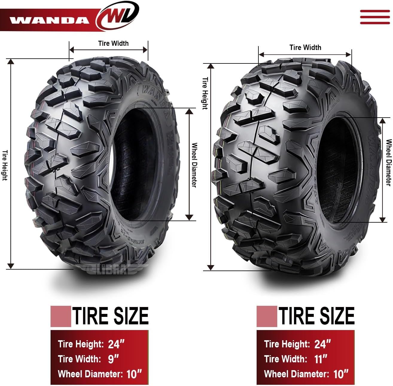WANDA Set 4 UTV ATV Tires 24x9-10 & 24x11-10 Bighorn Style 6PR...