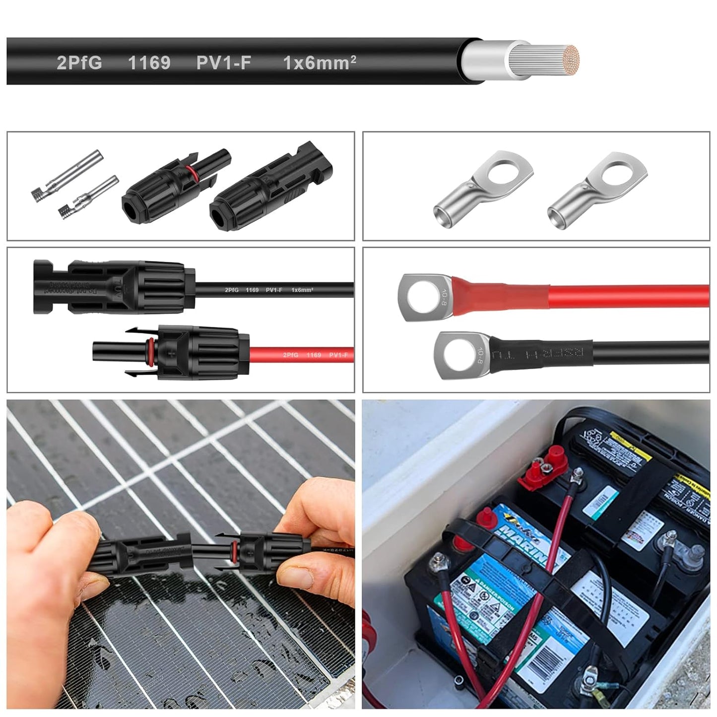 Solar Panel Wire - 200FT Black Tinned Copper Wire, 10AWG (6mm²) PV Wire Solar Extension Cable for Outdoor Automotive RV Boat Marine Solar Panel - Black (10AWG 200FT)