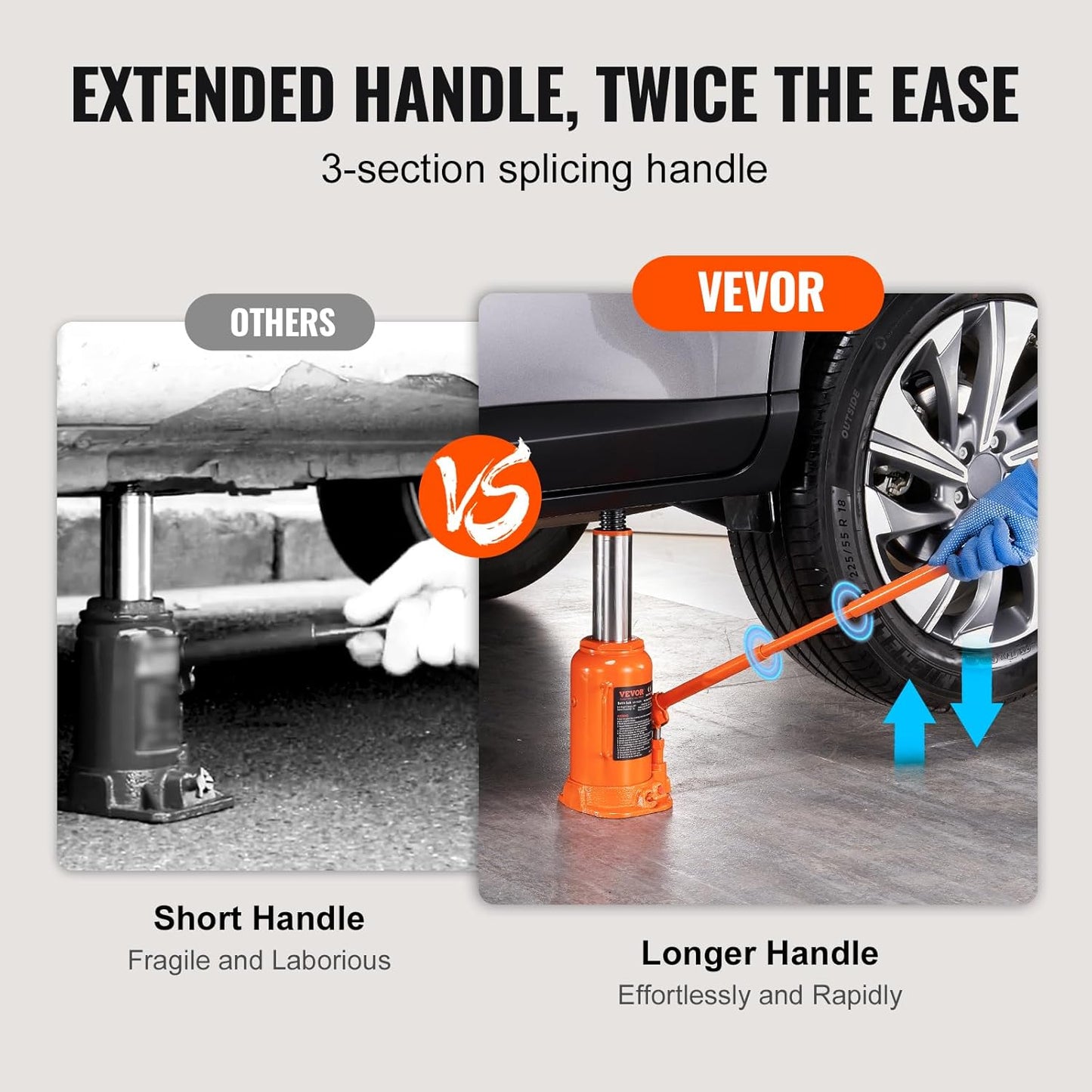 VEVOR Hydraulic Bottle Jack, 20 Ton/44092 LBS All Welded Bottle Jack, 7.5-14 inch Lifting Range, with 3-Section Long Handle, for Pickup Truck, Truck, Car, RV, Auto Repair, Industrial Engineering