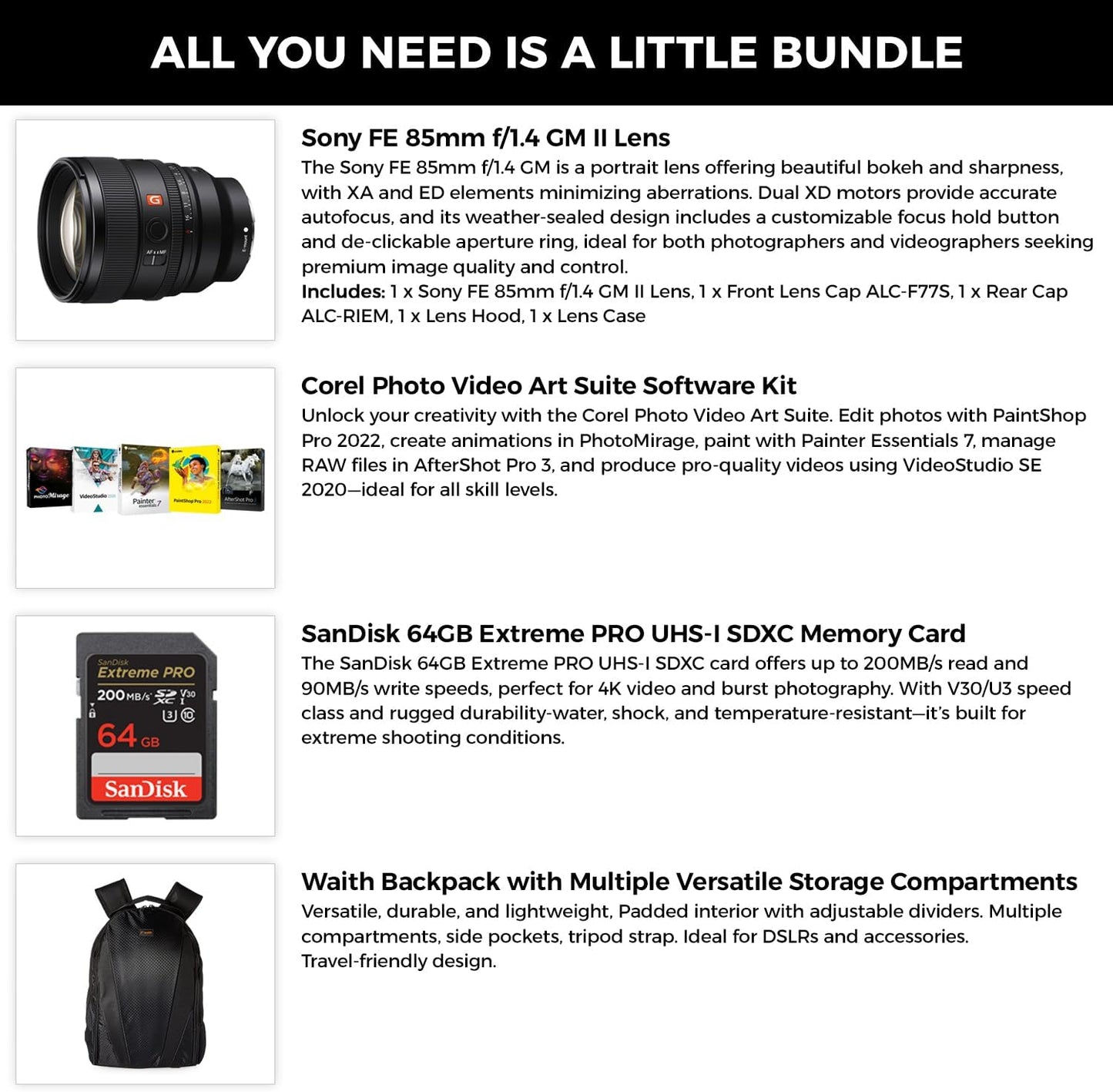Sony FE 85mm f/1.4 GM II Lens for E-Mount Cameras | Full-Frame Large-Aperture Digital Camera Lens with Corel Art Suite Software Kit, SanDisk 64GB Memory Card and Camera Backpack - Essential Bundle Kit