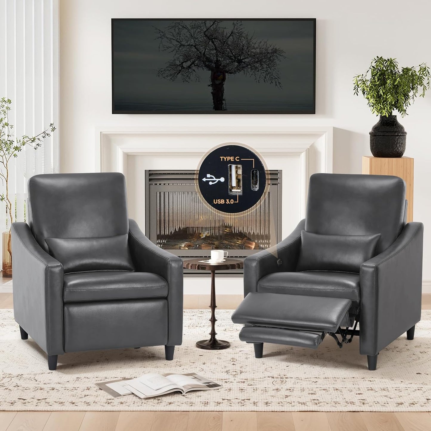 COLAMY Pushback Electric Recliner Chair, Premium Leather Upholstery with Adjustable Angles, Extra Lumbar Pillow, Built-in Charging Port, Business-Casual Style for Living Room,Grey